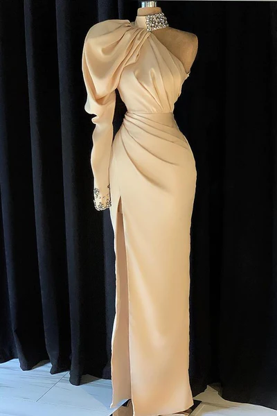  Elegant Long Champagne High Neck One Shoulder Split Prom Dress With Slit - Prom Dresses - DYAVOR® 