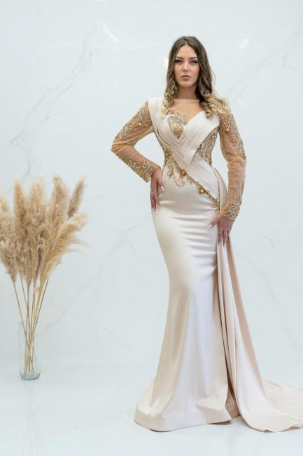  Elegant Long Glitter Beading Mermaid Prom Dresses With Long Sleeves - Prom Dresses - DYAVOR® 