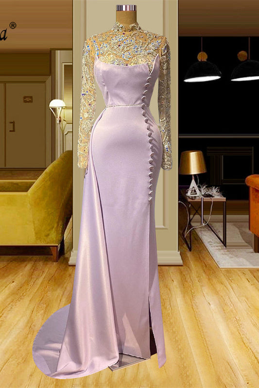  Elegant Long Mermaid High Neck Lace Beading Prom Dress With Long Sleeves - Prom Dresses - DYAVOR® 