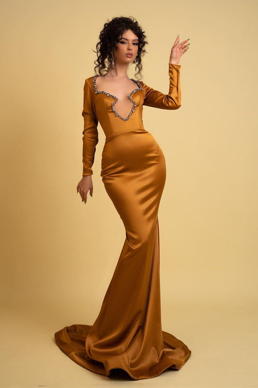 Elegant Long Mermaid Irregular Neckline Satin Rhinestones Prom Dress With Long Sleeves - Prom Dresses - DYAVOR® 