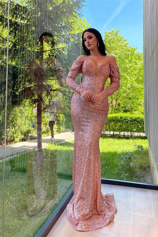  Elegant Long Off-the-shoulder Sequined Mermaid Evening Dresses With Long Sleeves - Prom Dresses - DYAVOR® 