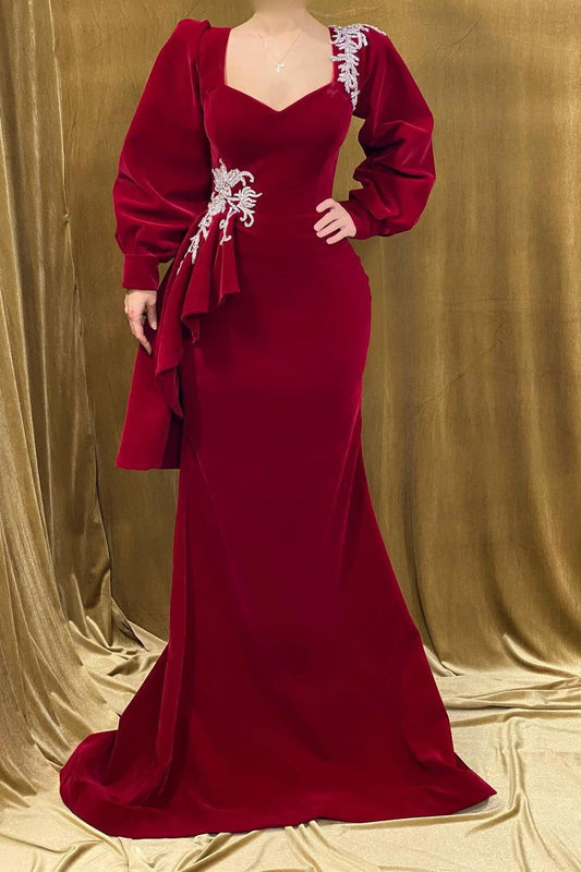  Elegant Long Red Velvet Beading Mermaid Prom Dress With Long Sleeves - Prom Dresses - DYAVOR® 
