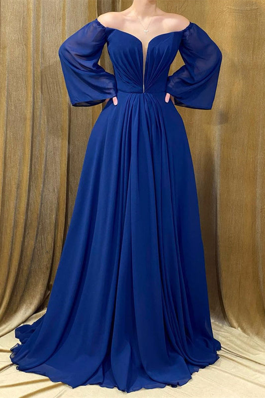  Elegant Long Royal Blue Strapless A-Line Prom Dress With Long Sleeves - Prom Dresses - DYAVOR® 