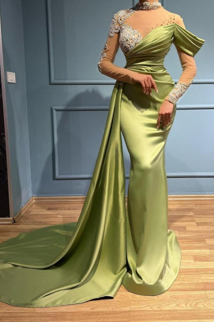  Elegant Long Sage High Neck Mermaid Evening Dresses With Long Sleeves - Prom Dresses - DYAVOR® 