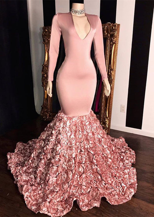  Elegant Long Sleeve Pink Mermaid Flowers Bottom Evening Gowns - Prom Dresses - DYAVOR® 