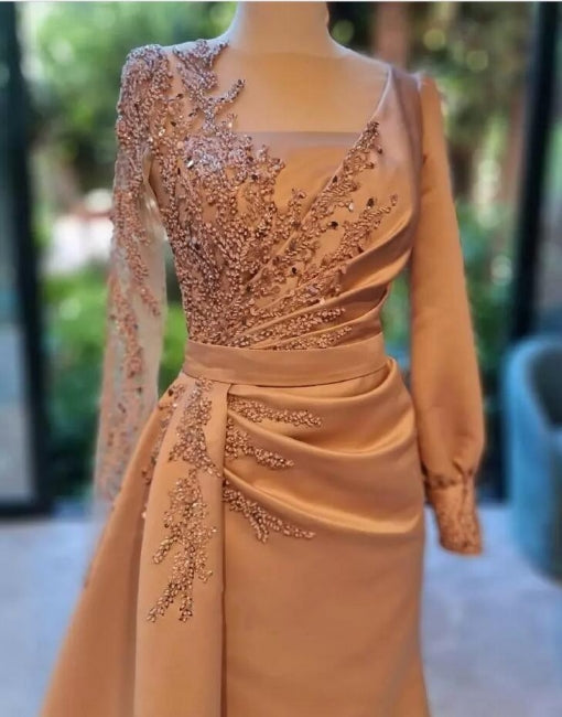  Elegant Long Sleeves Prom Dress Floral Satin Evening Party Dress with Side Sweep Train - Prom Dresses - DYAVOR® 