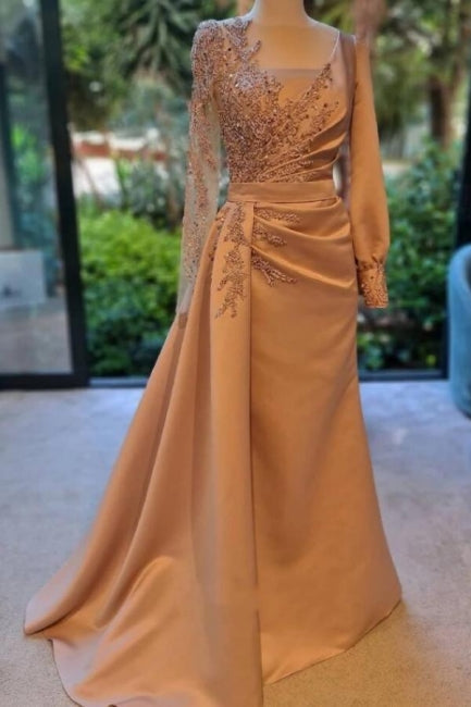  Elegant Long Sleeves Prom Dress Floral Satin Evening Party Dress with Side Sweep Train - Prom Dresses - DYAVOR® 