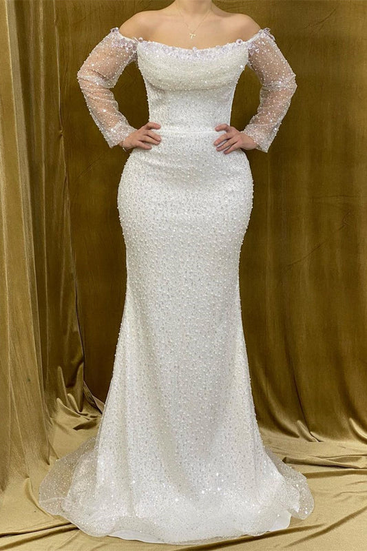  Elegant Long Strapless Beading Mermaid Prom Dress With Long Sleeves - Prom Dresses - DYAVOR® 