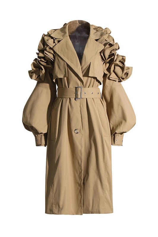  Elegant Puff Sleeve Button Front Belted Cinch Waist Ruffle Trench Coat - Coats - DYAVOR® 