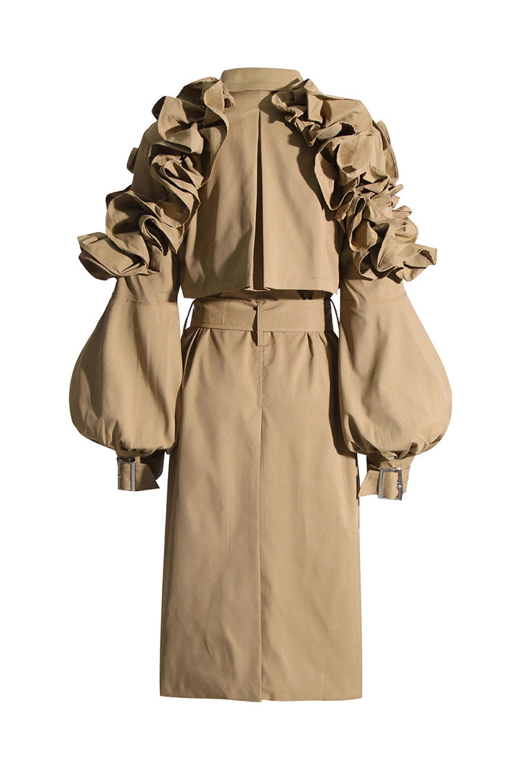  Elegant Puff Sleeve Button Front Belted Cinch Waist Ruffle Trench Coat - Coats - DYAVOR® 