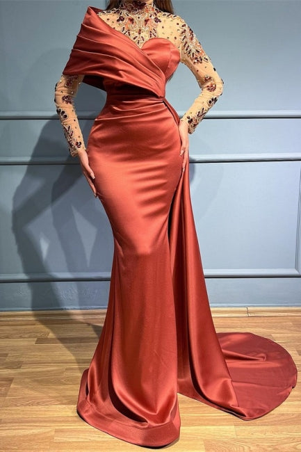  Elegant Russet One Shoulder Stretch Satin Prom Dress with Ruffles - Prom Dresses - DYAVOR® 