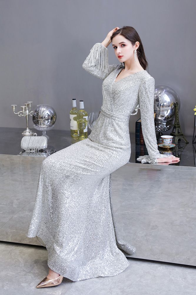 Elegant Sequined Burgundy V-Neck Mermaid Cocktail Party Dress Floor Length - Prom Dresses - DYAVOR® 