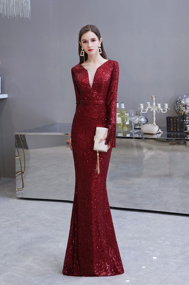  Elegant Sequined Burgundy V-Neck Mermaid Cocktail Party Dress Floor Length - Prom Dresses - DYAVOR® 