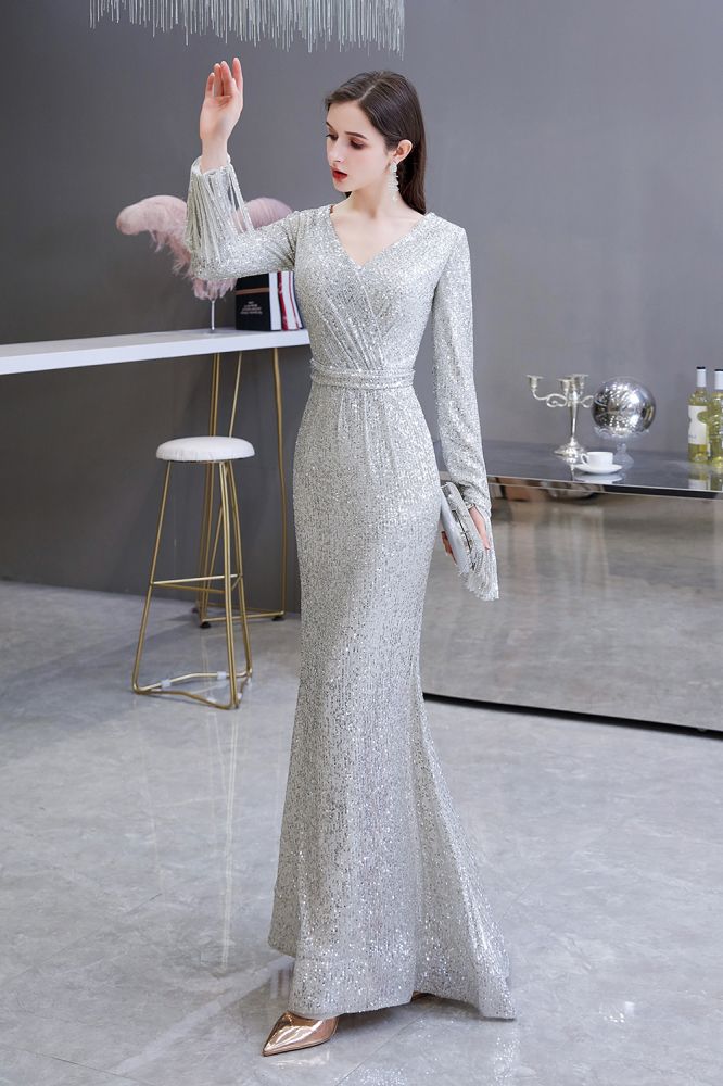  Elegant Sequined Burgundy V-Neck Mermaid Cocktail Party Dress Floor Length - Prom Dresses - DYAVOR® 