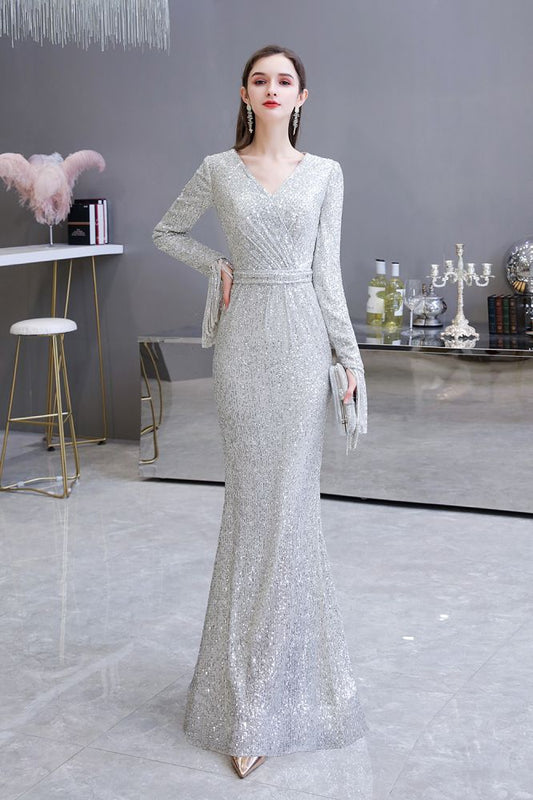  Elegant Sequined Burgundy V-Neck Mermaid Cocktail Party Dress Floor Length - Prom Dresses - DYAVOR® 