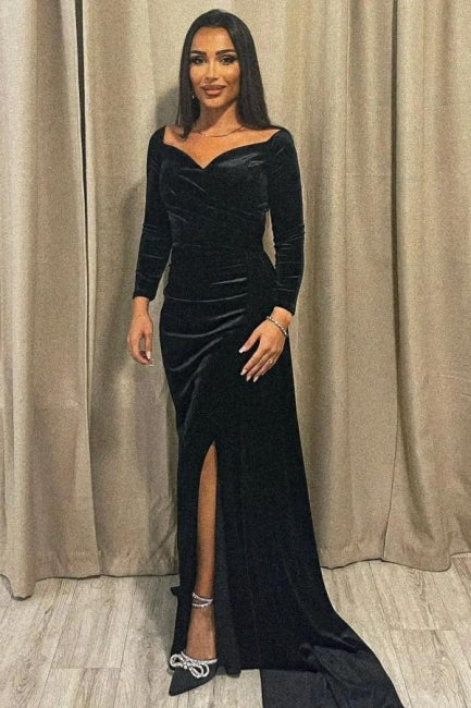  Elegant Velvet Long Black A-line Split Evening Dresses With Sleeves - Prom Dresses - DYAVOR® 