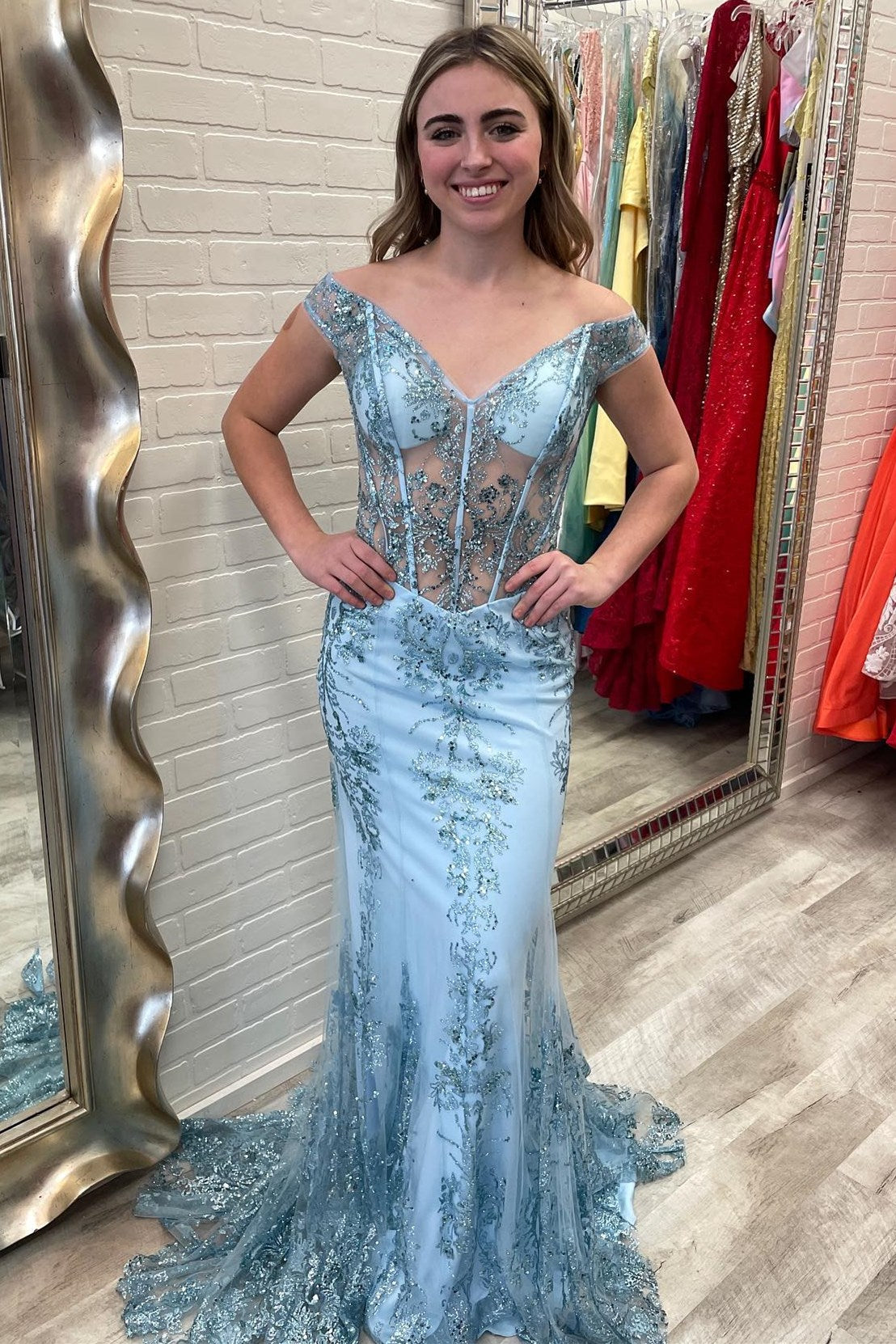  Blue Sheer Mesh Lace Off-the-Shoulder Trumpet Long Prom Gown - Prom Dress - DYAVOR® 