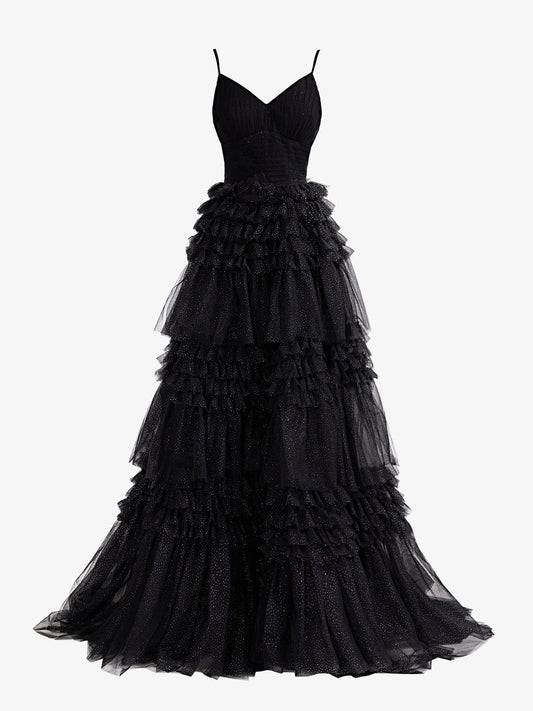  Emerson | Black A-Line Deep V Neck Tiered Long Glitter Tulle Prom Dress - Prom Dress - DYAVOR® 