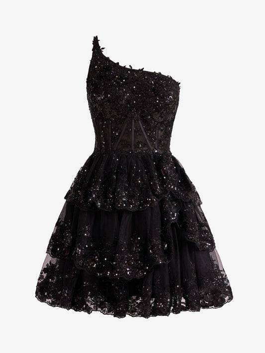  Emma | Black A Line One Shoulder Navy Tiered Lace Short Homecoming Dress - Cocktail Dress - DYAVOR® 