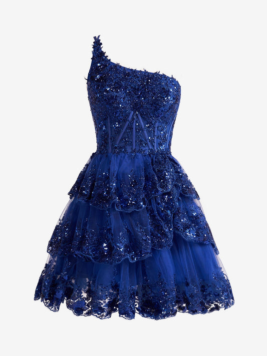  Emma | Royal Blue A Line One Shoulder Navy Tiered Lace Short Homecoming Dress - Cocktail Dress - DYAVOR® 