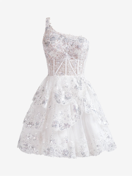  Emma | White A Line One Shoulder Navy Tiered Lace Short Homecoming Dress - Cocktail Dress - DYAVOR® 