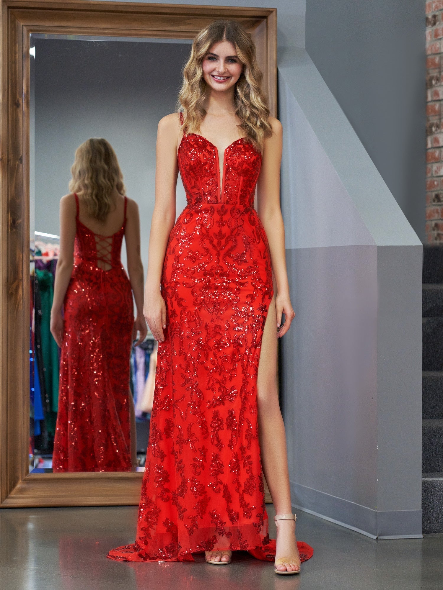  Erryn | Red Sheath Sequins Long Prom Dress with Slit - Prom Dress - DYAVOR® 