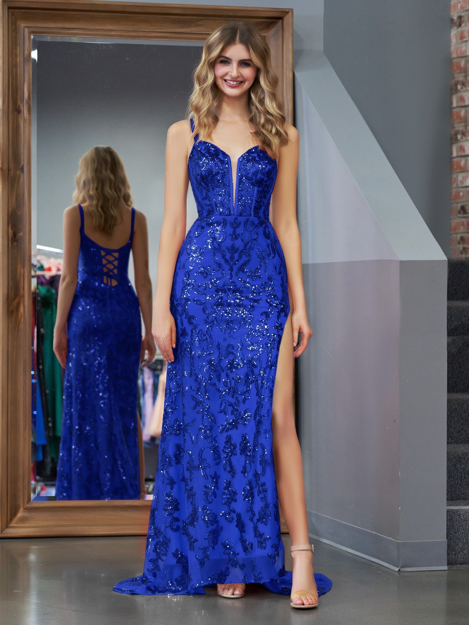  Erryn |Sparkly Blue Sheath Sequins Long Prom Dress with Slit - Prom Dress - DYAVOR® 