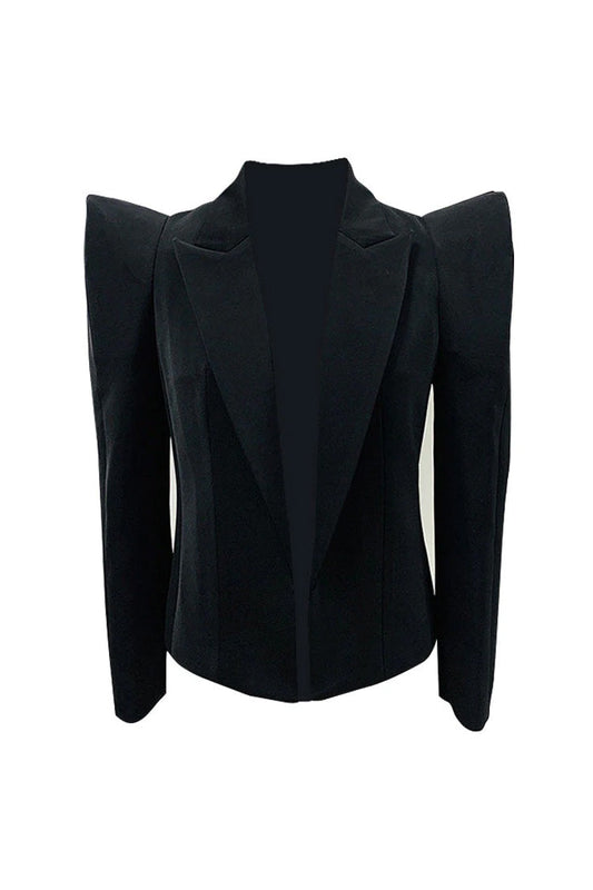  Exaggerated Puff Shoulder Lapel Long Sleeve Open Front Cinch Waist Blazer - Blazers - DYAVOR® 