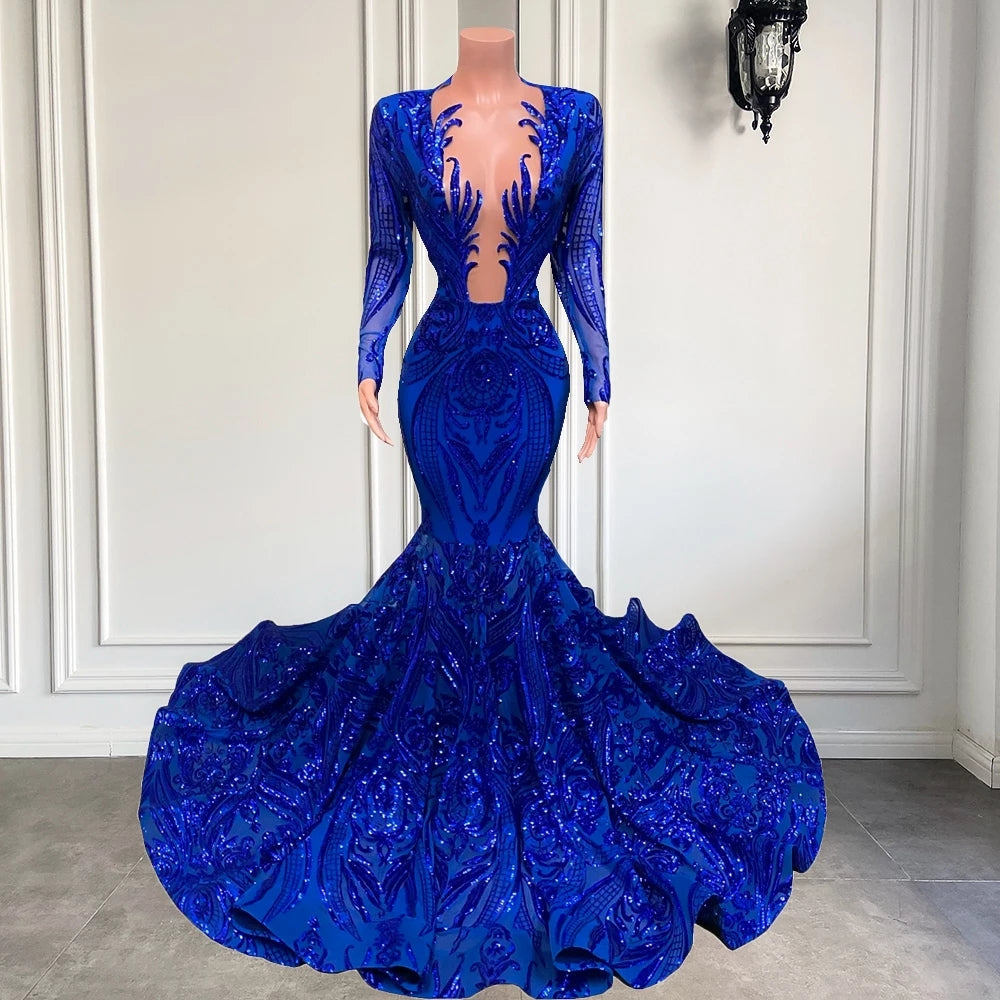  Exquisite Blue V-neck Sequins Long Sleeve Floor-length Mermaid Prom Dresses - Prom Dresses - DYAVOR® 