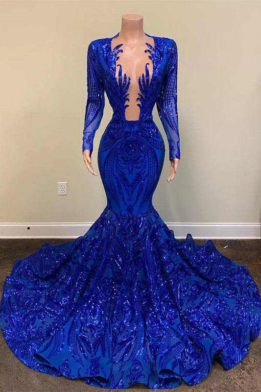  Exquisite Blue V-neck Sequins Long Sleeve Floor-length Mermaid Prom Dresses - Prom Dresses - DYAVOR® 
