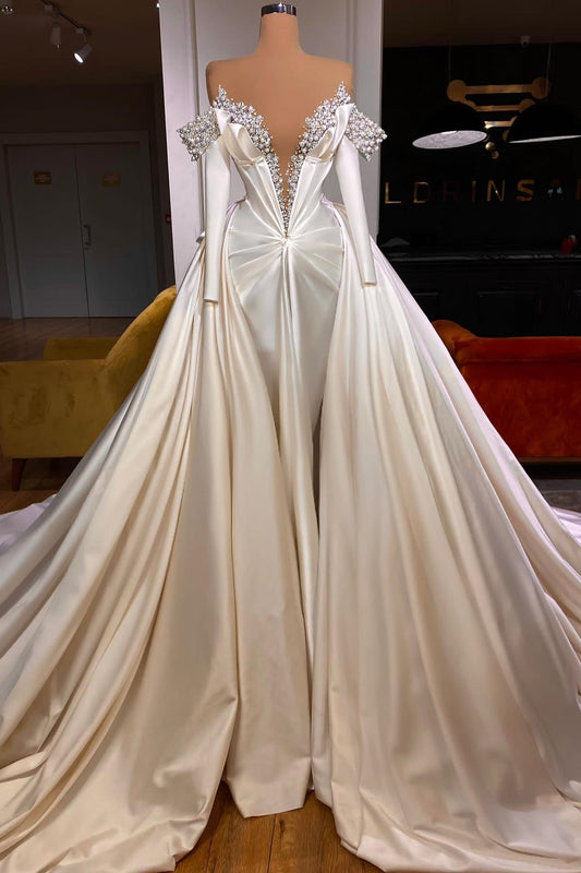  Exquisite Floor Length V-Neck Long Sleeves A-Line Satin Prom Dress with Beads - Prom Dresses - DYAVOR® 