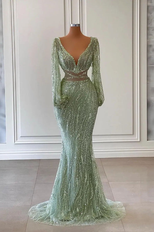  Exquisite Floor Length V-Neck Long Sleeves Mermaid Prom Dress with Sequins - Prom Dresses - DYAVOR® 
