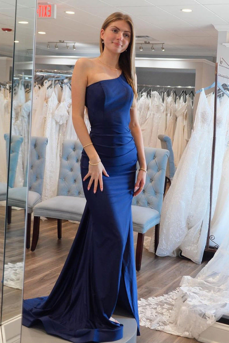  Simple Mermaid One Shoulder Navy Blue Satin Long Prom Dresses - Prom Dress - DYAVOR® 