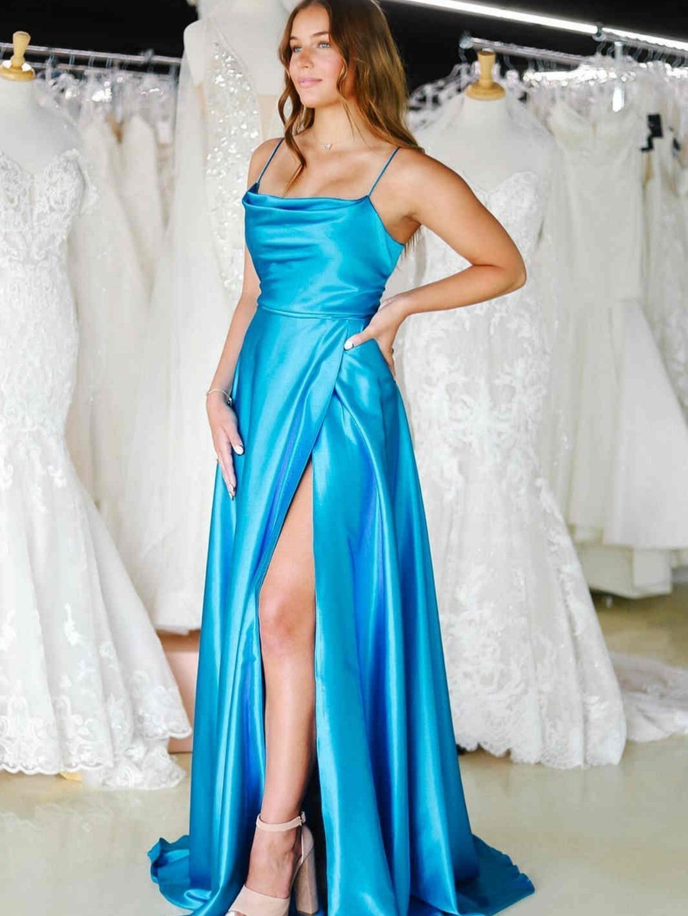  Araya |A Line Cowl Neck Satin Prom Dress With Slit - Prom Dress - DYAVOR® 