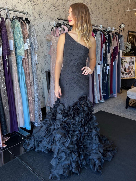  Mermaid Black One Shoulder Tiered Seqins Long Prom Dress - Prom Dress - DYAVOR® 