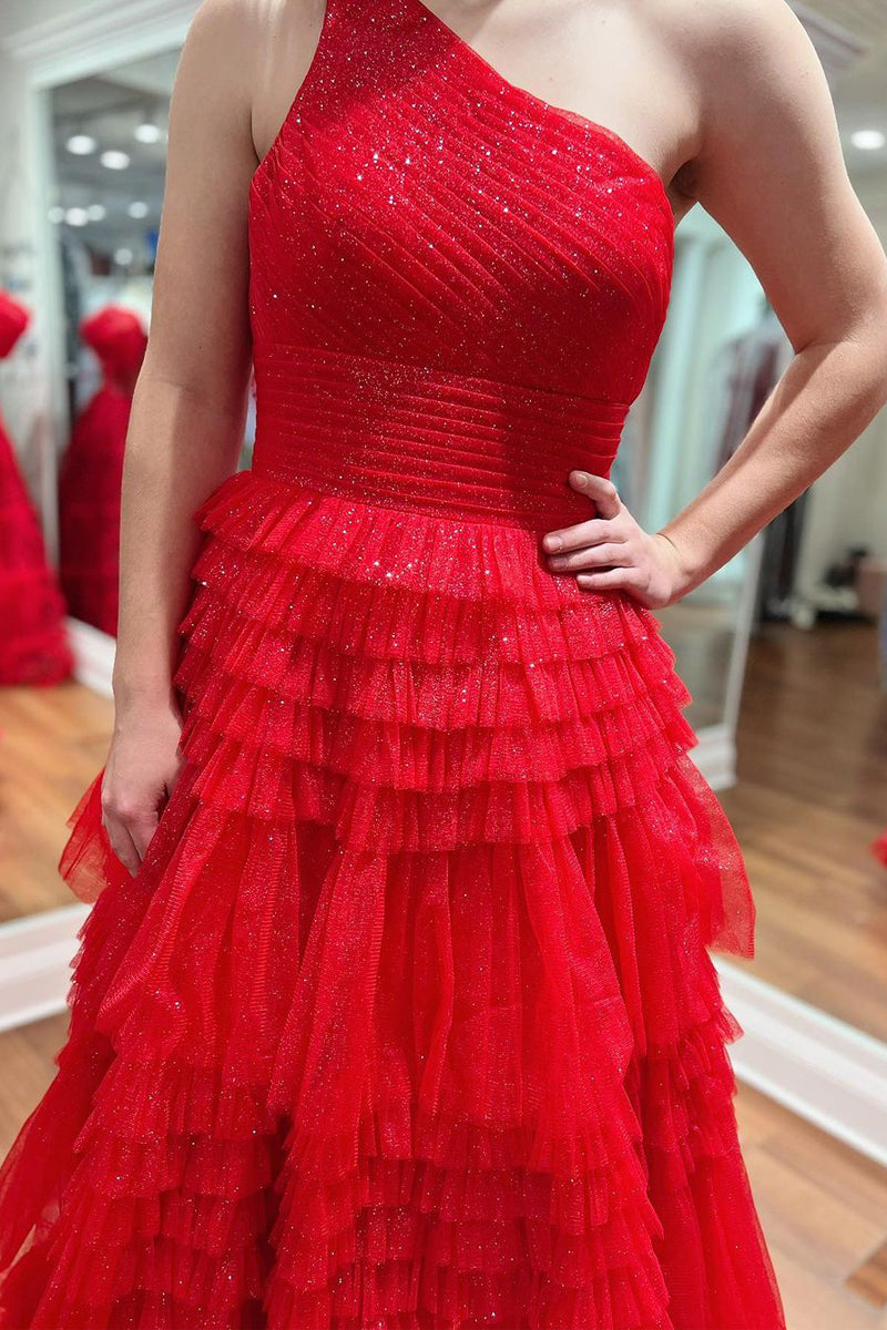  Sparkly Red One Shoulde Ruffle Tulle A-Line Long Prom Dresses - Prom Dress - DYAVOR® 