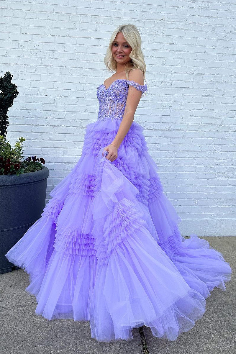  Elina | Red Tulle Off-the-Shoulder Ruffle Tiered Long Prom Dress - Prom Dress - DYAVOR® 