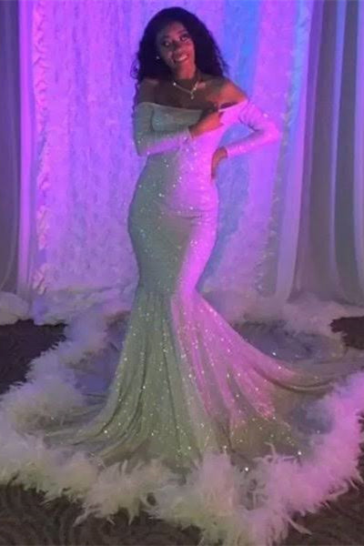  Fabulous Floor Length Long Sleeves Mermaid Sequined Prom Dress with Feathers - Prom Dresses - DYAVOR® 