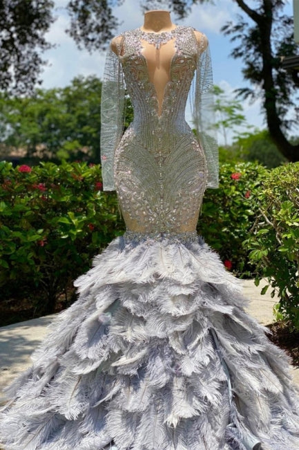  Fabulous Grey Sequined Beading Feather Mermaid Long Sleeves Tulle Prom Dress - Prom Dresses - DYAVOR® 