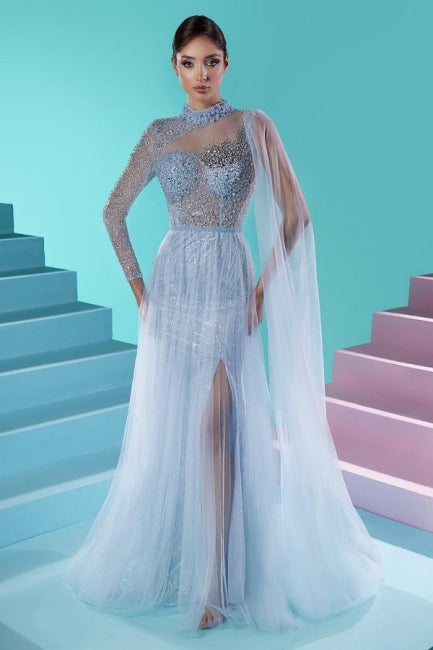  Fabulous Long A-line High Neck Long Sleeve Beading Prom Dress With Slit - Prom Dresses - DYAVOR® 