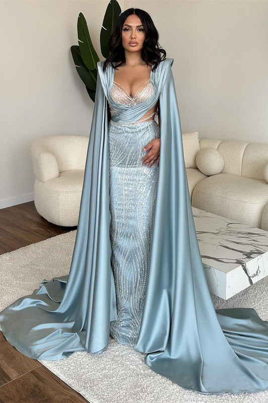  Fabulous Long Blue V-neck Mermaid Sequined Lace Prom Dress With Sleeves - Prom Dresses - DYAVOR® 