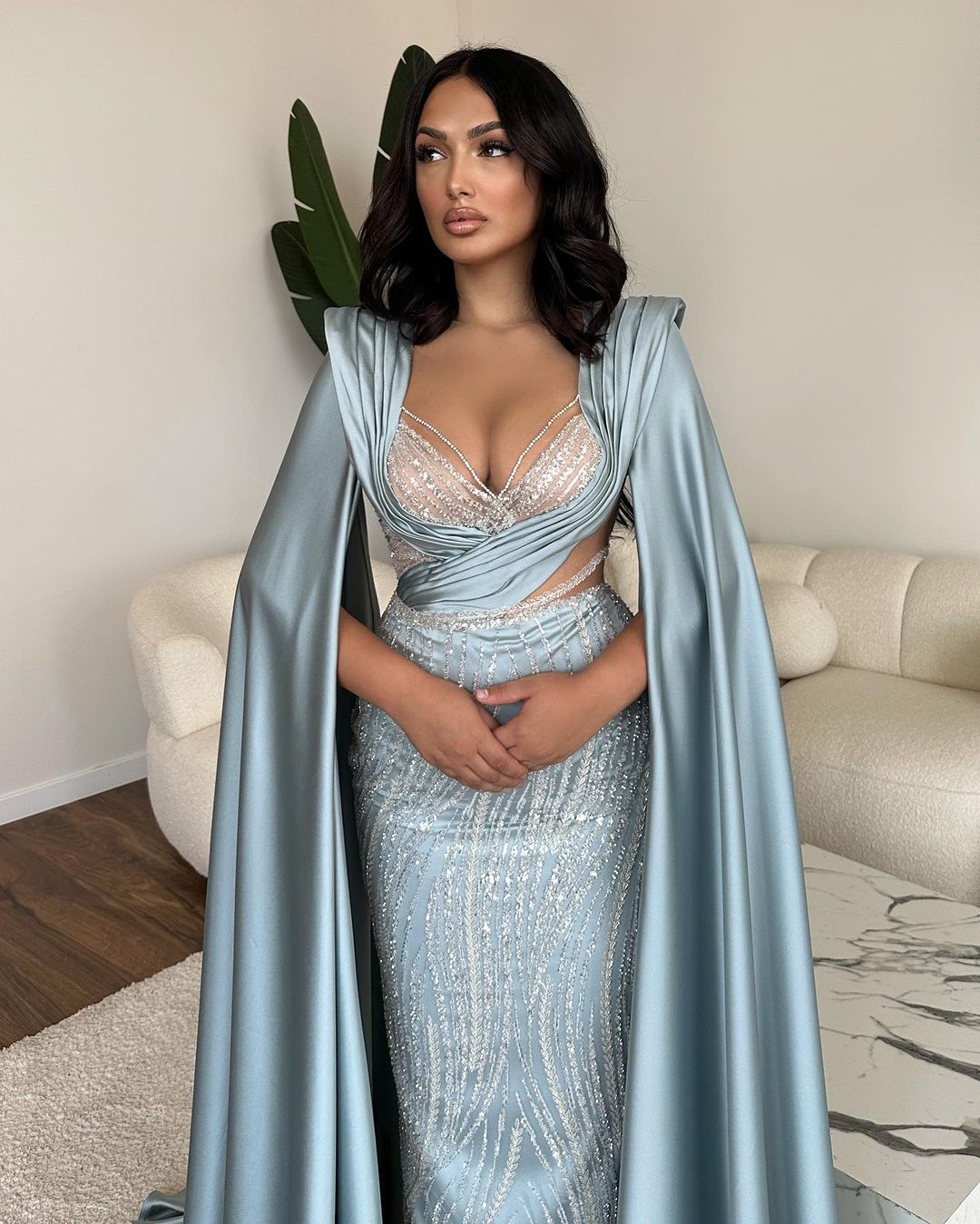  Fabulous Long Blue V-neck Mermaid Sequined Lace Prom Dress With Sleeves - Prom Dresses - DYAVOR® 