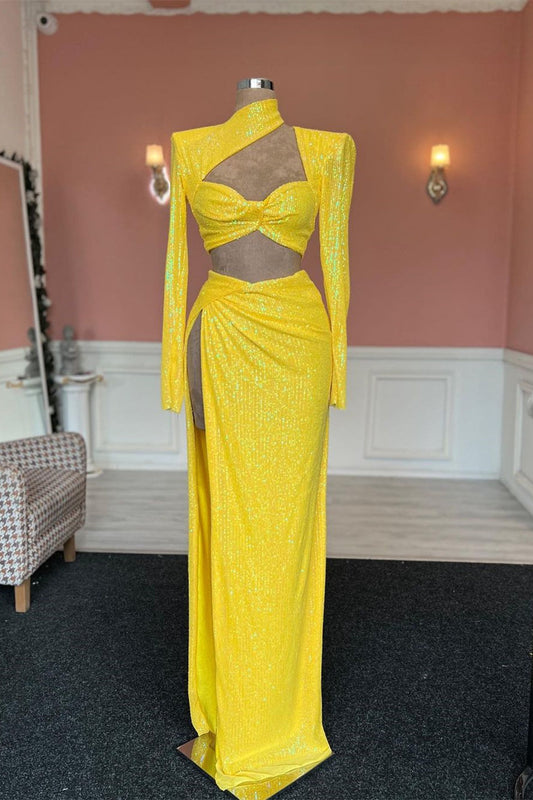 Fabulous Long Yellow Sequined High Neck Long Sleeves Prom Dress With Slit - Prom Dresses - DYAVOR® 