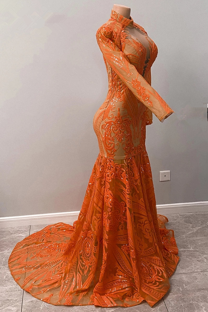  Fabulous Orange Halter Appliques Lace Long Sleeve Mermaid Prom Dresses - Prom Dresses - DYAVOR® 