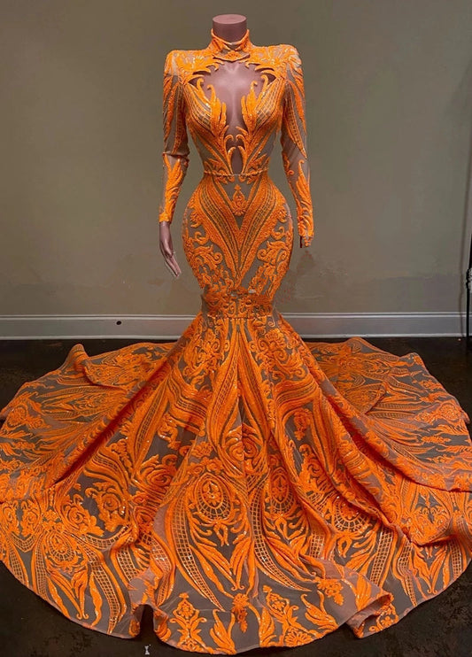  Fabulous Orange Halter Appliques Lace Long Sleeve Mermaid Prom Dresses - Prom Dresses - DYAVOR® 