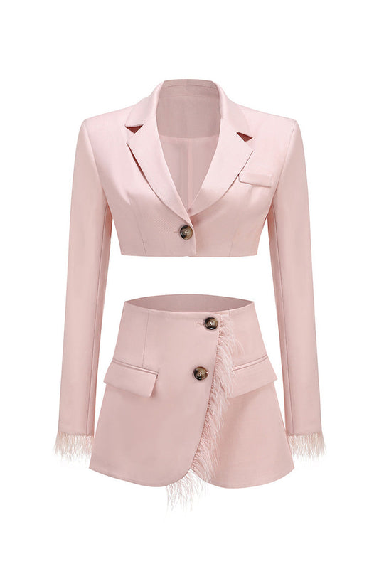  Fancy Feather Trim High Waist Long Sleeve Crop Blazer Two Piece Mini Dress - Two Piece - DYAVOR® 