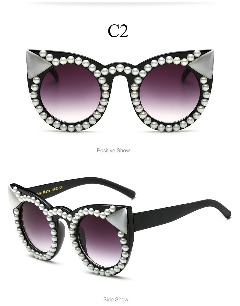  Women's Trendy Fashion Crystal Pearl Oversize Cat Eyes Sunglasses - Women Sunglasses - DYAVOR® 