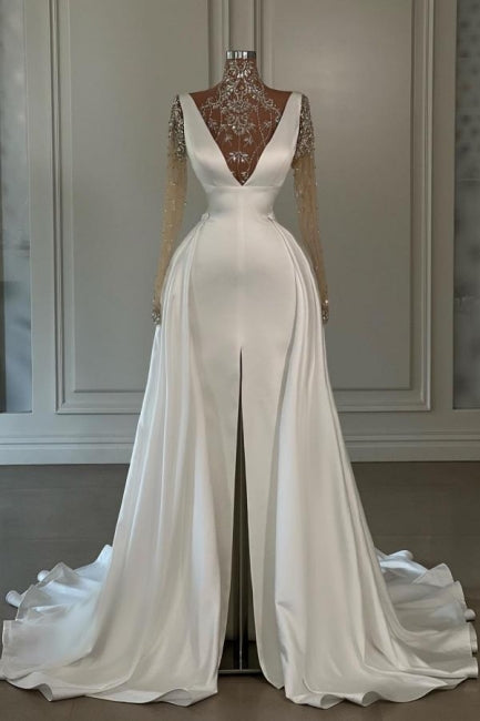  Fashion Long White A-line High Neck Lace Glitter Split Front Prom Dresses with Long Sleeves - Prom Dresses - DYAVOR® 