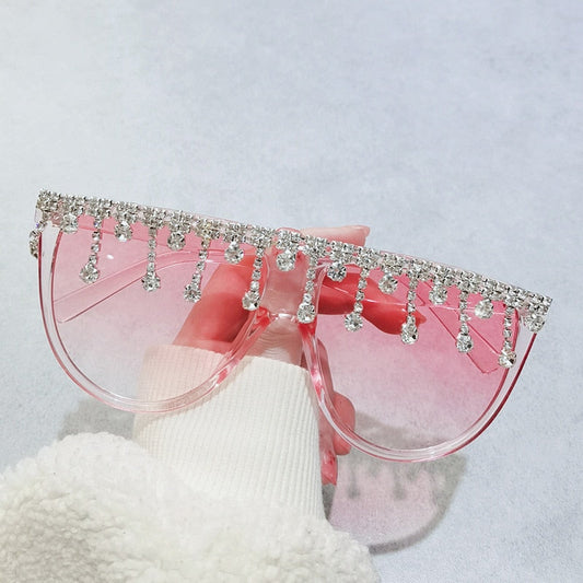  Women's Designer Fashion Tassel Oversized Rhinestone Flat Top Sunglasses - Women Sunglasses - DYAVOR® 