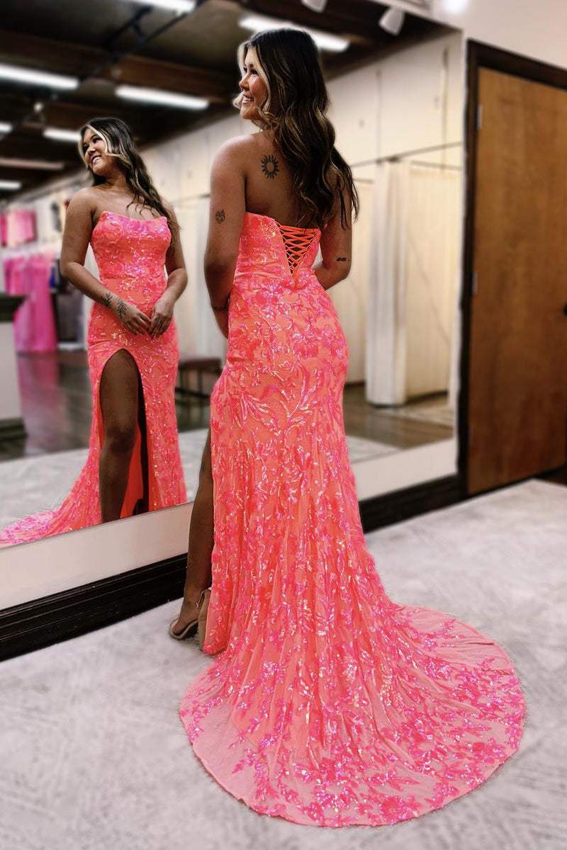  Fuchsia Strapless Sequins Lace Mermaid Prom Dresses with Slit - Prom Dress - DYAVOR® 